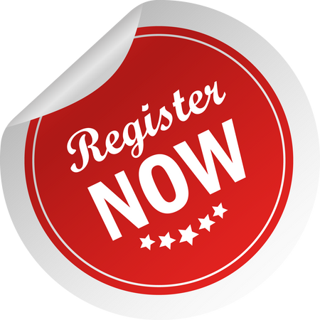 Register now sticker for banner design. Modern promotion tem